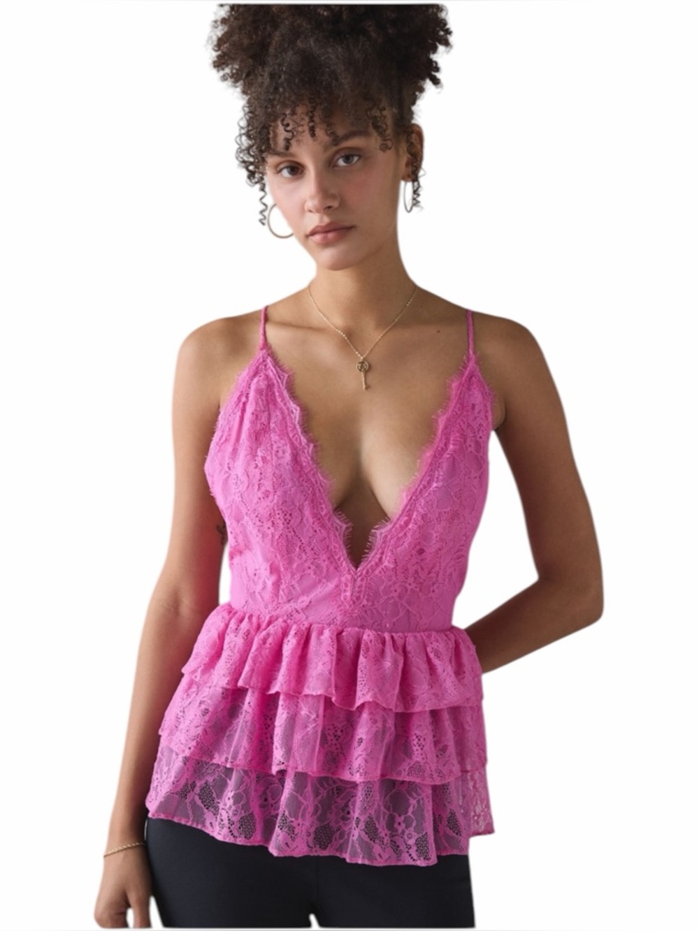 Kimchi Blue Antoinette Lace Babydoll Cami Pink Plunging Ruffle Top